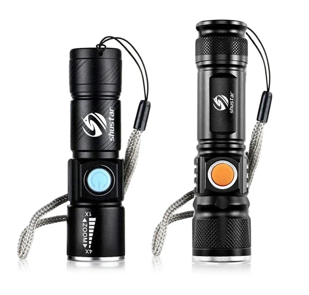 Powerful LED Flashlight With Tail USB Charging Head Zoomable Waterproof Torch Portable Light 3 Lighting Modes Built-in Battery