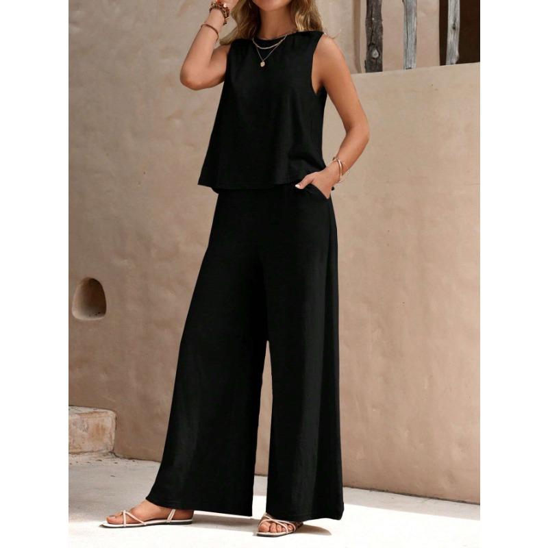 VEZFAA Dámská móda Ležérní Léto Jaro Jednobarevný potisk Bez rukávů Kalhoty s výstřihem do O Kalhoty Obleky