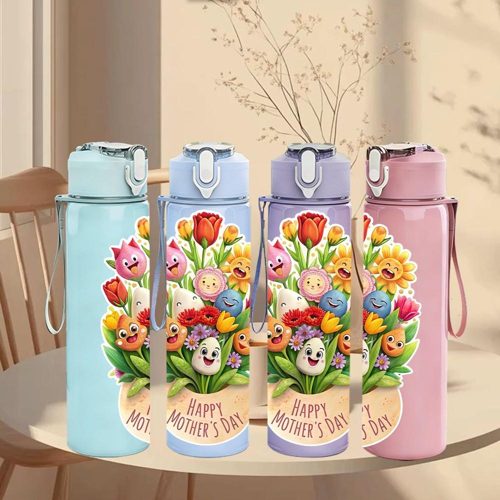 1PC Flower Bouquet Happy Mom Print 750ml Color Plastic Sports Water Bottle Leakproof Flip Straw Lid Suitable for Sports Office Home Use
