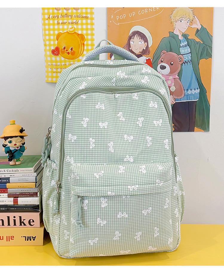 Schoolbag1011 New Plaid Printed Bow for Junior High School Girls, Versatile Large-capacity Lightweight Campus Solid-color Backpack