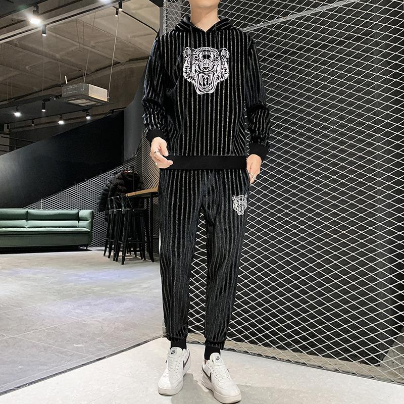 

Золотой бархатный костюм, мужской утепленный свитер, брюки, мужская повседневная спортивная одежда, костюм из двух предметов M