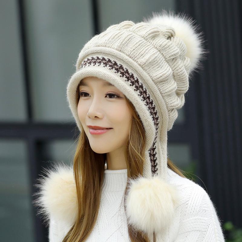 Girls Thicken Ski Snow Cap Fur PomPoms Winter Women Beanie Hats Female Skullies Warm Gloves + Knit Hat Set