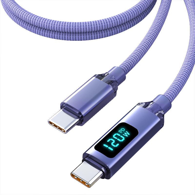Crystal Shine 120W Fast Charging Dual USB-C Cable for Apple 15/16 & Huawei Car Chargers with Digital Display