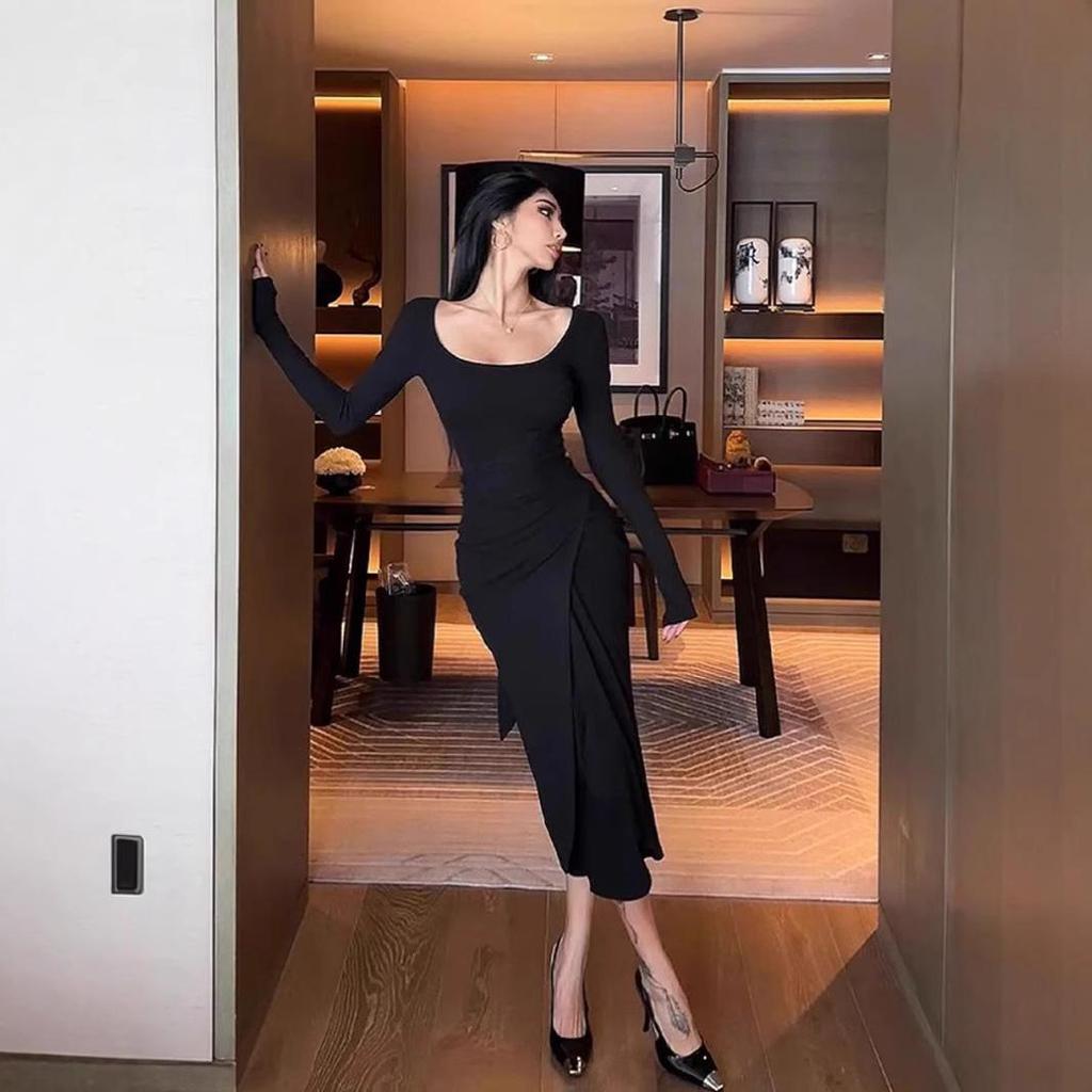 Spicy Girl Damen Herbst Schnürung Taille Schlankmachendes Bodycon Midi-Kleid