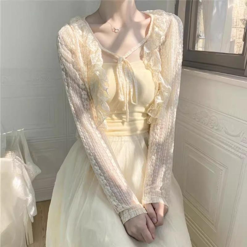 

Летняя короткая солнцезащитная одежда, женский кружевной кардиган, пальто, новая внешняя солнцезащитная одежда, летний топ с шалью M бежевый