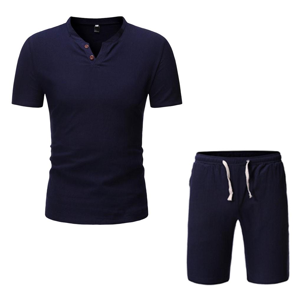 

Мужской летний модный повседневный удобный хлопковый льняной костюм с короткими рукавами и шортами XXL тёмно-синий