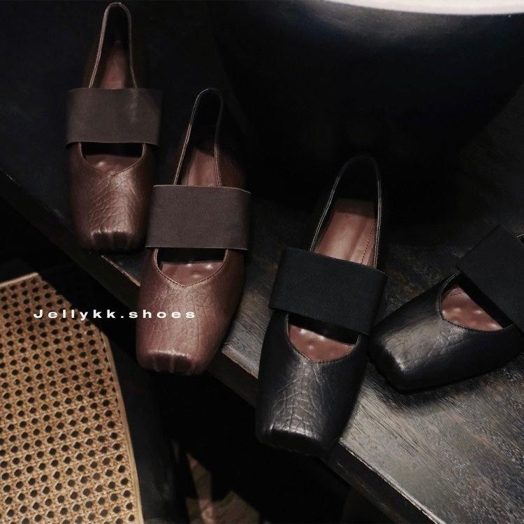 2025 New French Square Head Elastic Band Thick Sole Shallow Mouth Ballet Shoes Women's Pig Nose Elephant Pattern Retro Fashion Shoes