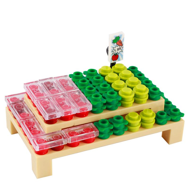 MOC Bricks Accessories City Supermarket Shop Store Building Blocks Street View Drink Food Vegetable Food Dessert Blocks Printed