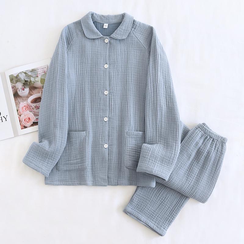Set pigiama primaverile per coppia: Spesso Plaid in Puro Cotone, Manica Lunga da Donna e da Uomo, Vestibilità Ampia