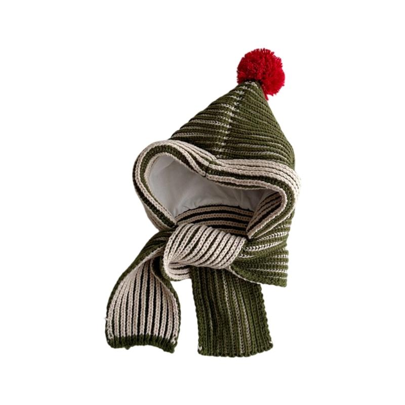 Kids Knitted Scarf Hat Top Plush Pom Decor Neckerchief Bonnet Caps Integrated Warm Scarf Hat for Daily Wear and Travel