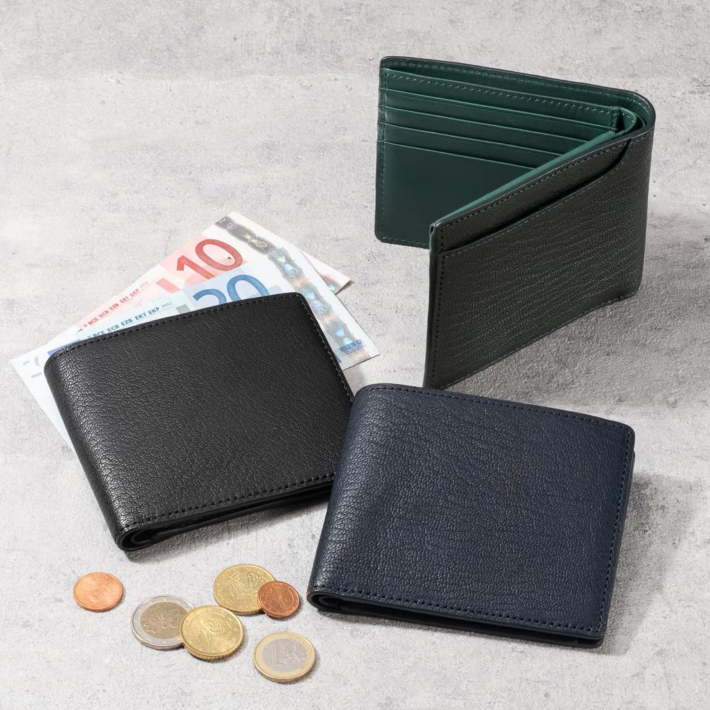Milagro Himeji Goat Leather Bifold Wallet with Coin Purse (Men's Bifold Wallet with Coin Purse, Himeji Leather, Genuine Goat Leather) EA-MI-203 (Navy)