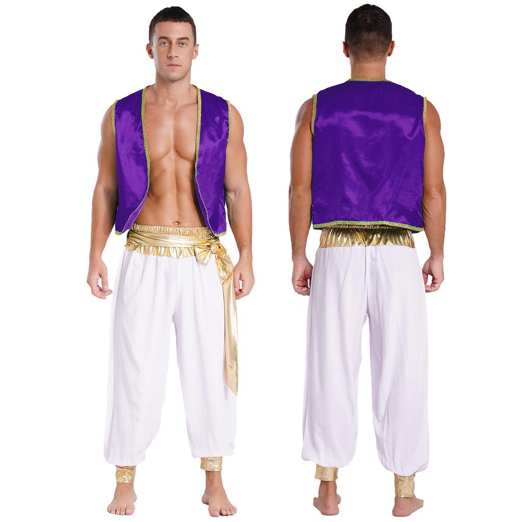 Men's Arabian Prince Cosplay Halloween Costume Sleeveless Vest with Long Pants Outfit