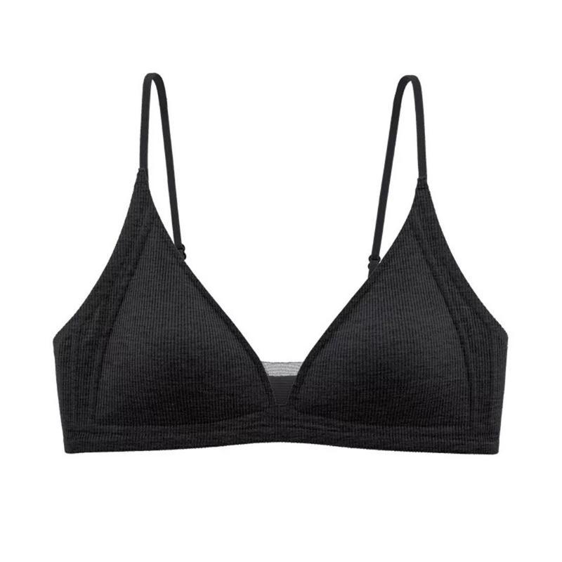 Women Thin Strap Deep V Backless Wireless Gathering Triangle Cup Bra