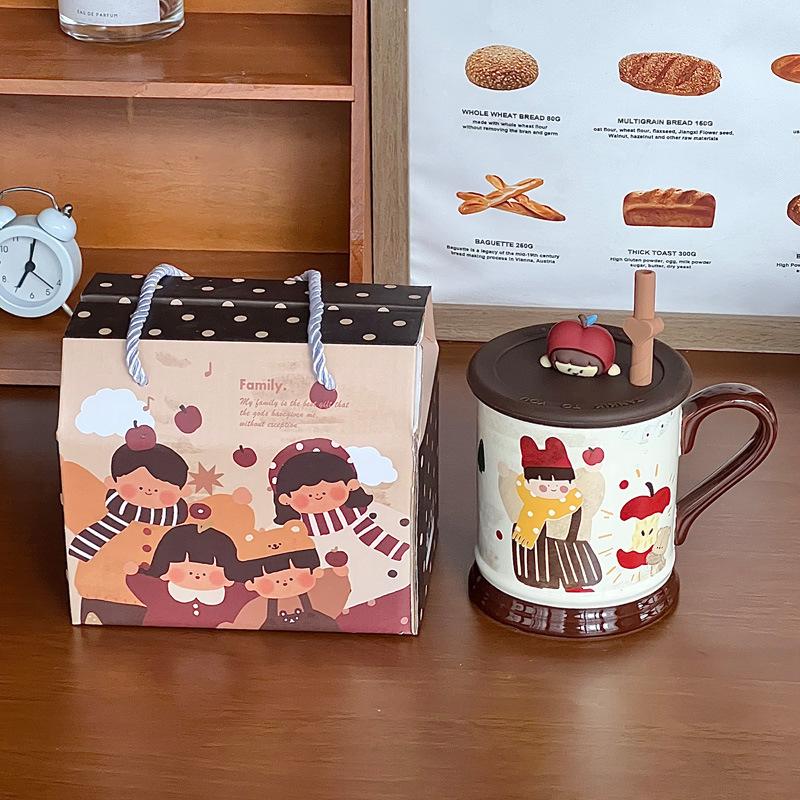Retro Family Four-mouth Water Cup Cute Couple Ceramic Mug with Lid Home Coffee Cup Girl Birthday Gift