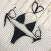 2 Pcs/Set Swimwear Set Rhinestone Halter Neck Lace Up Backless Bikini Set for