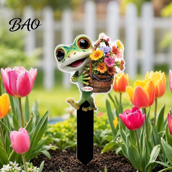 Healing Frog Decoration Cartoon Garden Stake, 2D Acrylic Cute Decoration, Waterproof Stake Outdoor Yard Art for Lawn Flower Bed Planter Decor
