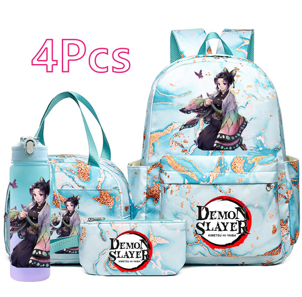 4-teiliges Set mit aufgedrucktem Demon Slayer-Cartoon-Rucksack, Handtasche, Federmäppchen und 750-ml-Trinkflasche für Teenager (Jungen und Mädchen) – große Kapazität, wasserdichter Schulrucksack