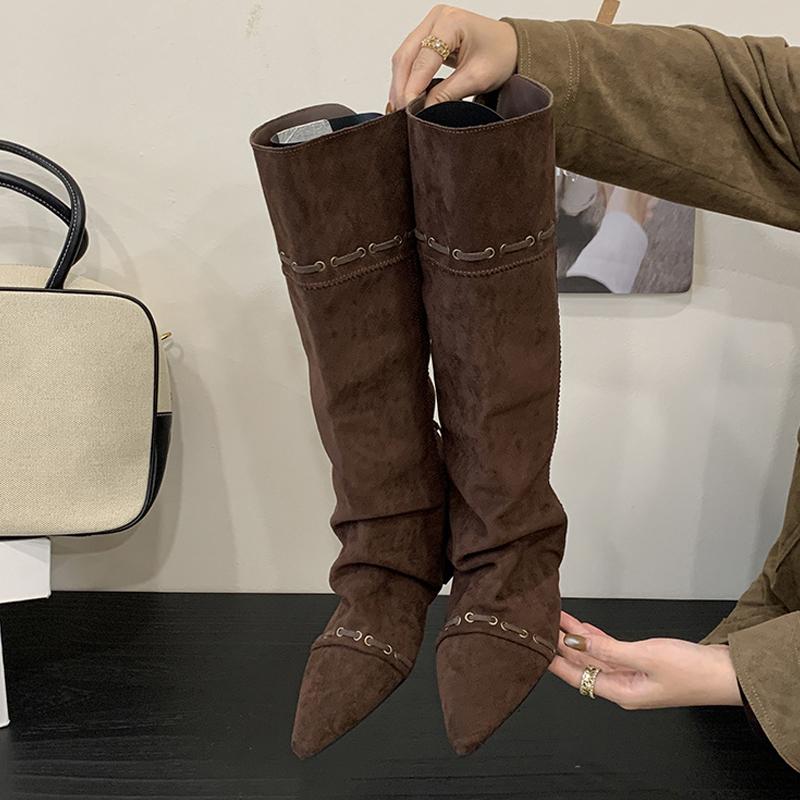 

Мода Liyke Модный дизайн Шнуровка на кулиске Сапоги до колена Женские Винтажные Остроносые Скрытая платформа Высокие Сапоги Женские 35 коричневый