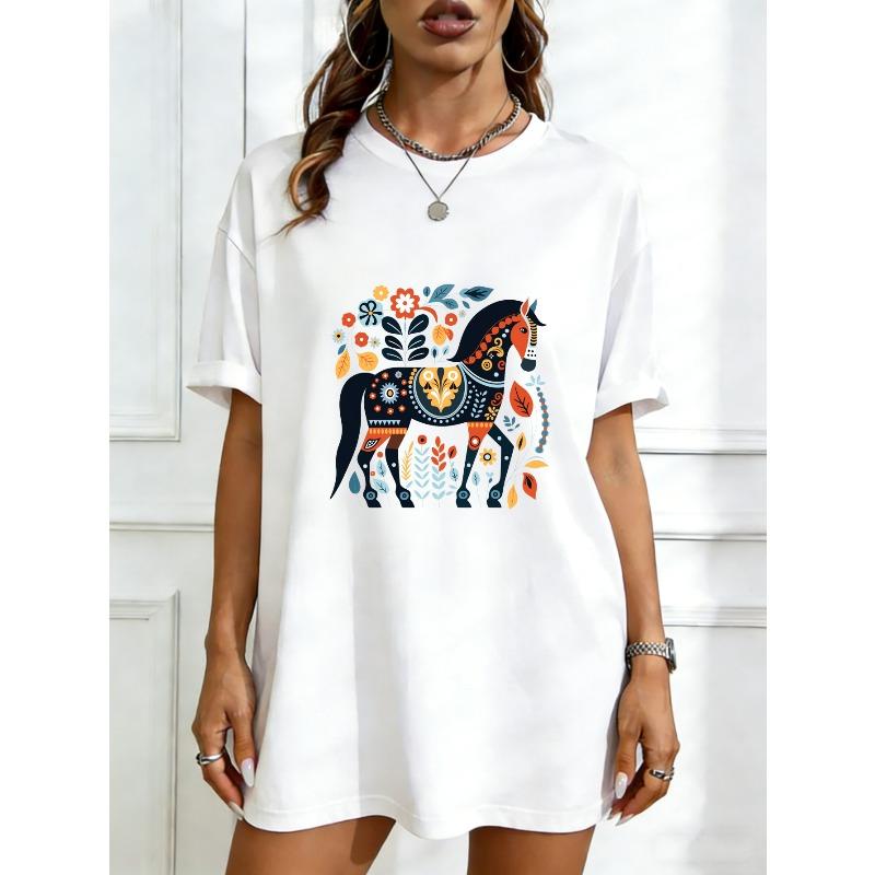 

Oversized T Shirt Dress Black Nordic Horse Floral Pattern Print Casual Wear For Women XXXXL білий