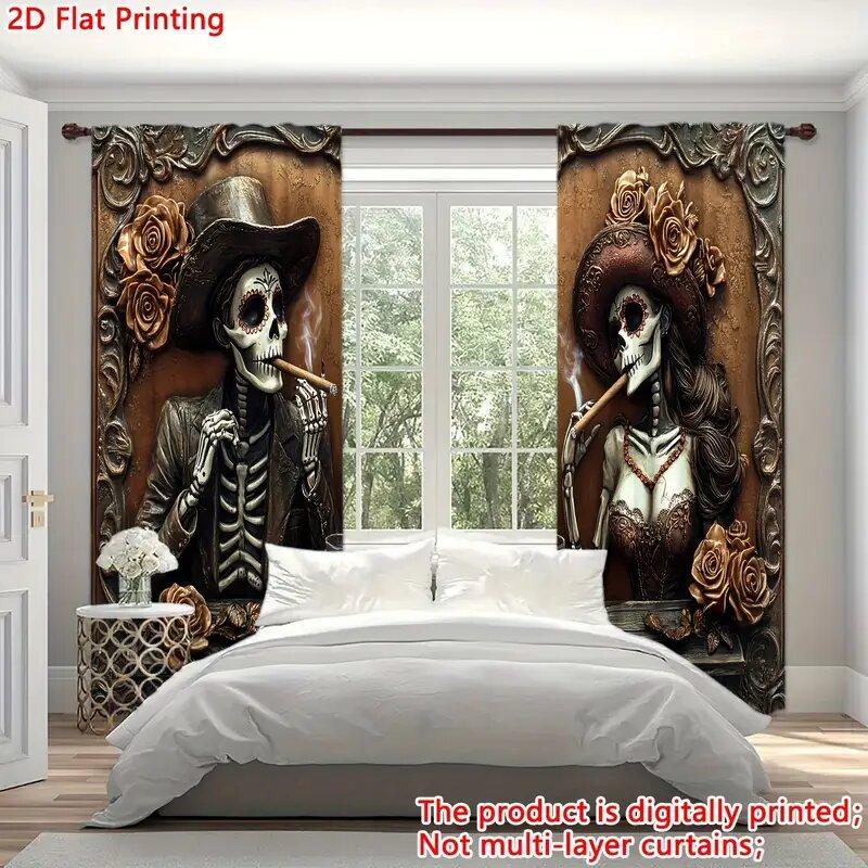British Skull Pattern Printed Curtains Window Decorations Home Room Curtain Set Of 2 Made Polyester Washable