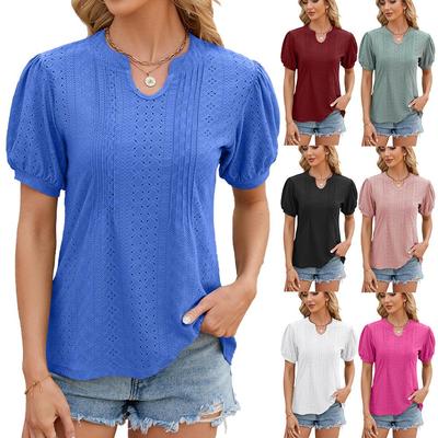 Summer  Women's T-shirt Solid Color V-neck With Loose Short-sleeved Fashion Tops T-shirts Tee
