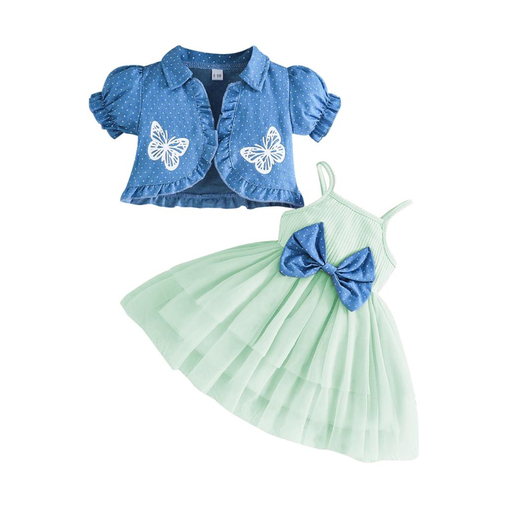Toddler Girl Summer Outfits Tulle Spaghetti Strap Bow A Line Dress with Dot Butterfly Print Short Puff Sleeve Cardigan