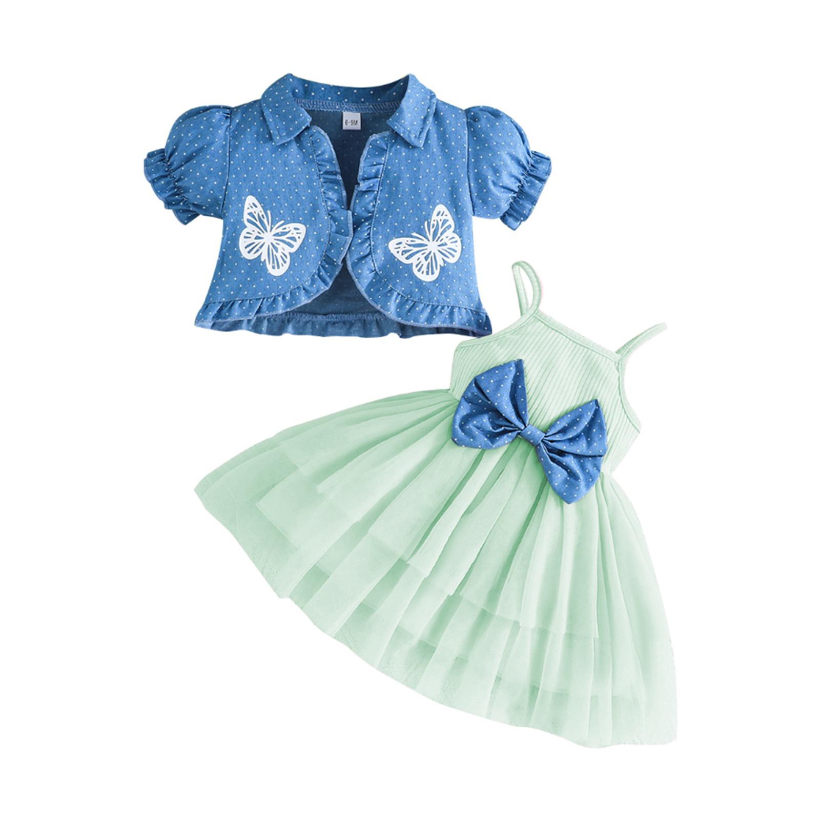 

Летние наряды для девочек-малышей, платье-трапеция из тюля с тонкими бретельками, бантом, принтом бабочек в горошек, короткий кардиган с рукавами-фонариками 3-4 Years зелёный