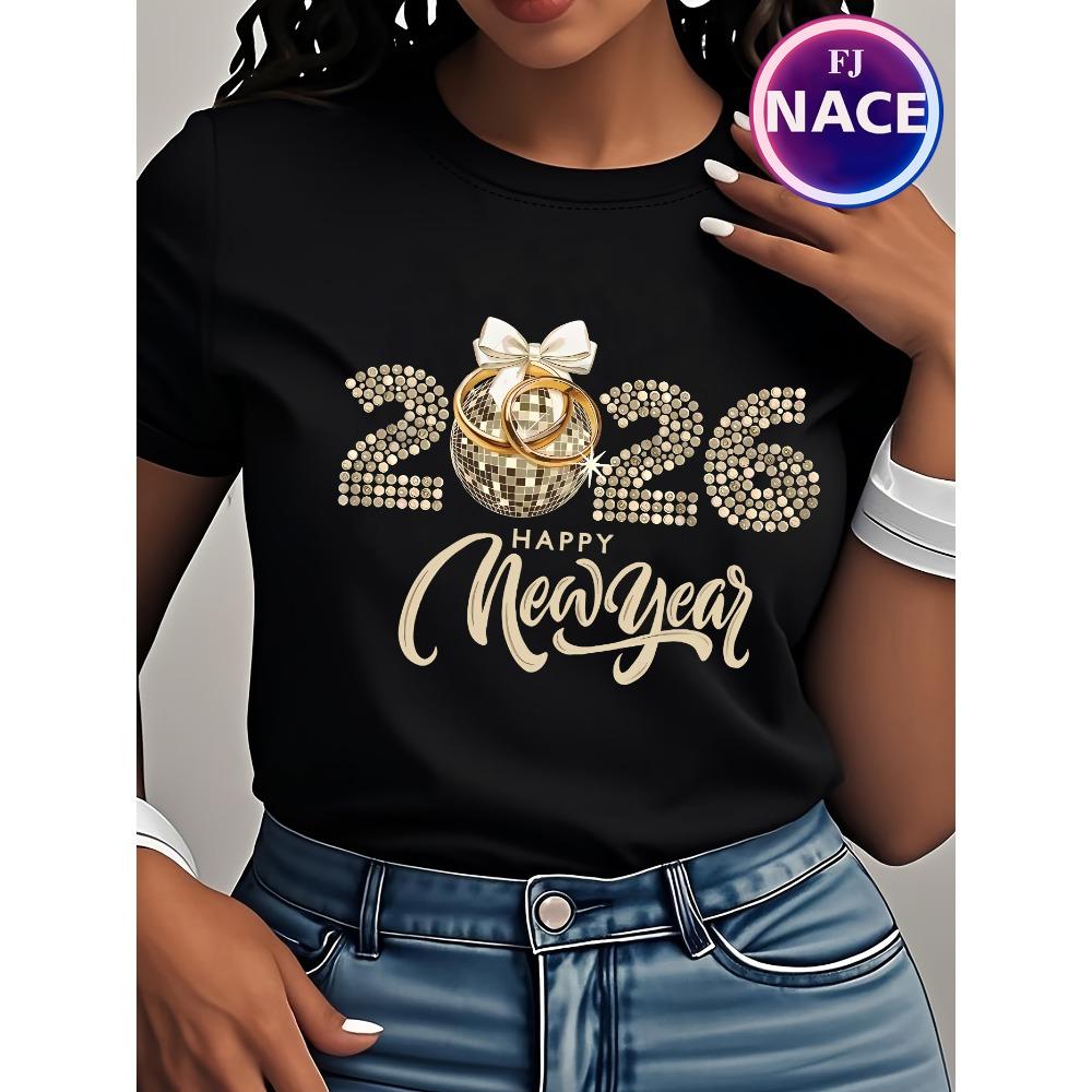 Women Cotton Short Sleeves T-shirts Happy New Year Disco Ball Women's Tee Festive Graphic Casual Celebration Top