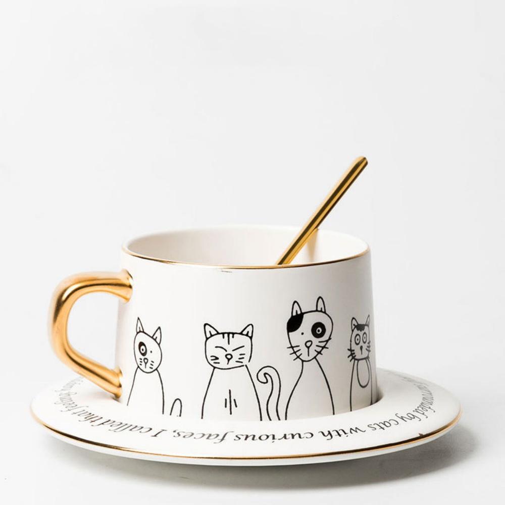

Golden Ceramic Funny Cat Mug Set with Spoon 250ML Includes Coffee Cup And Saucer for Breakfast And Afternoon Tea 201-300ml білий
