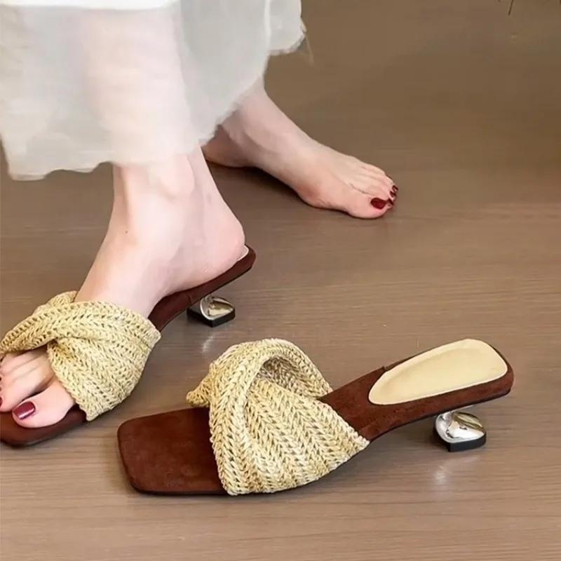 Fashion Vintage Woven Wedge Heel Roman Sandals Women's Design Sense Holiday Style Square Toe Open Toe Beach Sandals and Slippers