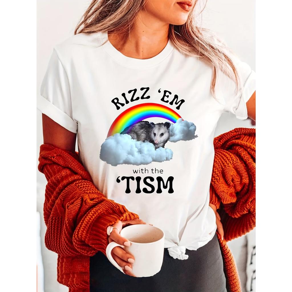 Rainbow Print Crew Neck T-Shirt, Casual Short Sleeve T-Shirt For Spring & Summer, Women's Clothing