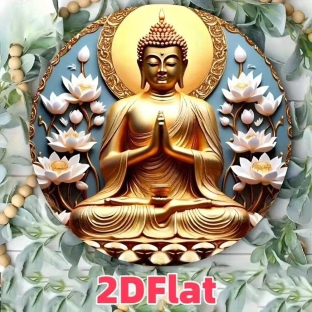 Metal Wall Art Golden Buddha Circle Retro Design Soft Blue Background Home Decor