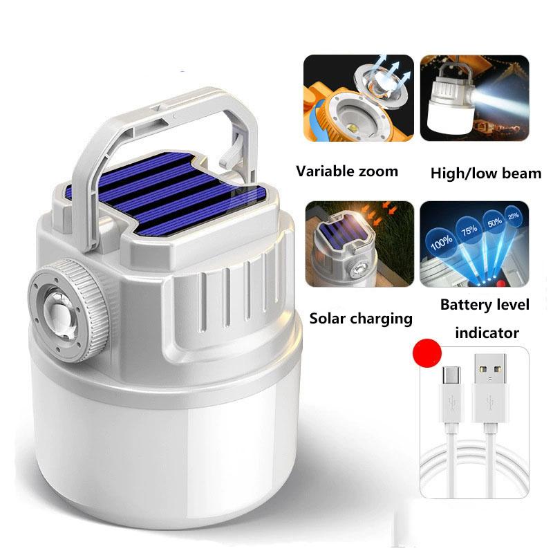 Solar Charging & USB Charging Outdoor Camping Light Hangable Battery Level Indicator Adjustable Distance Camping Light High Power Handheld Lantern
