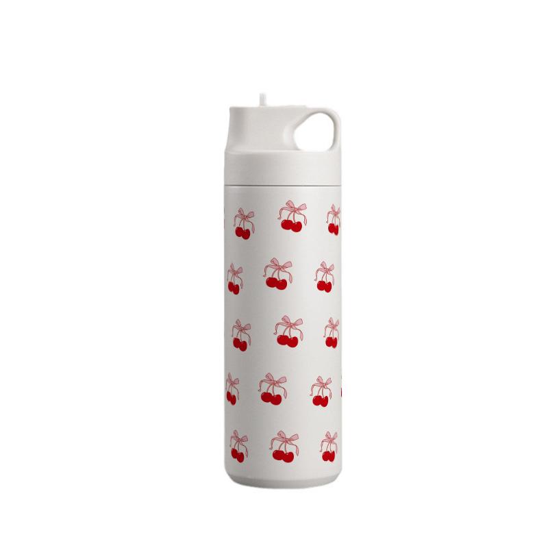 500ml Stainless Steel Bow Thermo Water Bottle Double-layer Cherry Print Vacuum Cup Leak Prevention Insulated Flasks Thermal Tumb