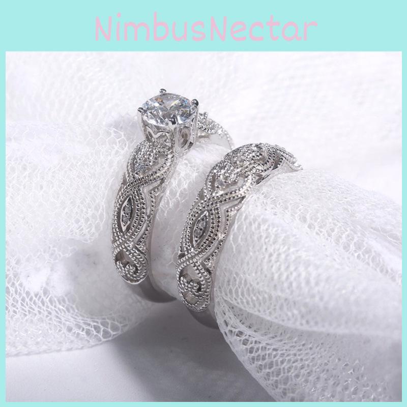 Elegant 2-in-1 Womens White Retro Engagement Wedding Band Heart Rings Set For Brides