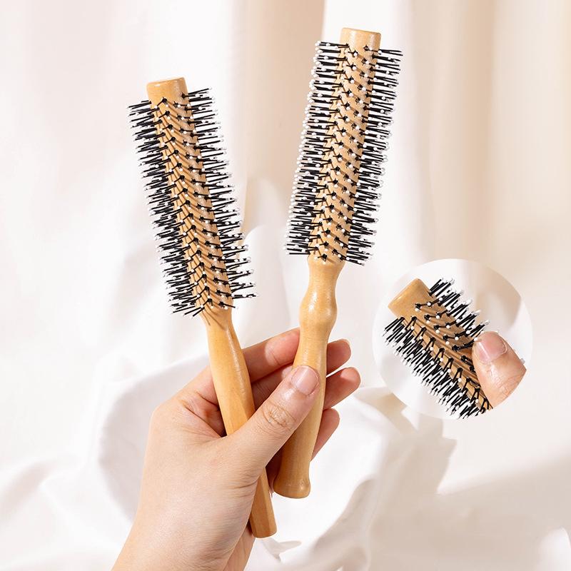 Anti-Static Wooden Handle Salon Styling Drying Tool Round Hairdressing Curling Massage Roller Comb For Real Hair Wigs Barber