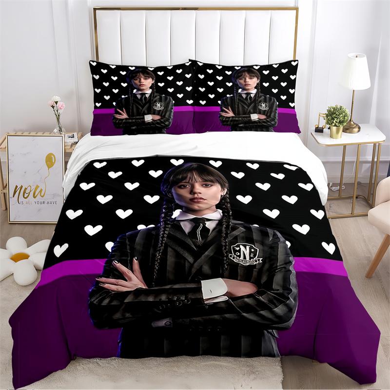 Dark Style Girl with Braids Print Bedding Set, Black & Purple Bed Linen(1 * Duvet Cover + 2 * Pillowcase, Without Core)