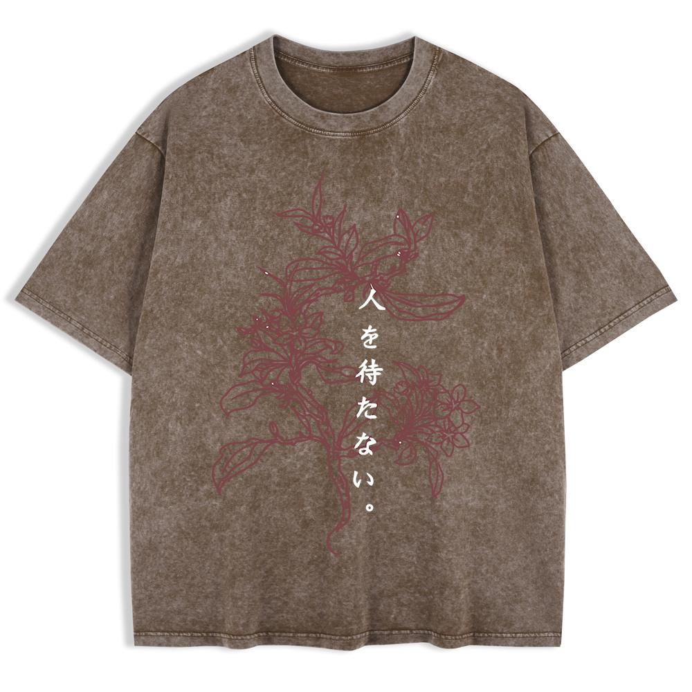 A Flower Blooming Alone Printed Washed T-Shirts Mens Cotton Short Sleeve Tops Basic O-Neck Oversized T Shirt Clothes