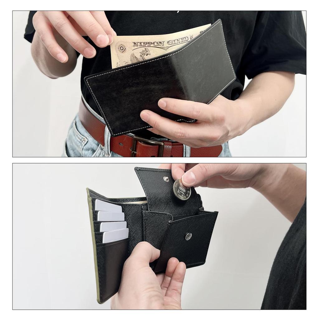 Leo&aoi Men's Genuine Leather Bi-fold Wallet, Slim and Compact, with Coin Purse and Card Slots, WM-D1-02, Leatheria Leather, Black