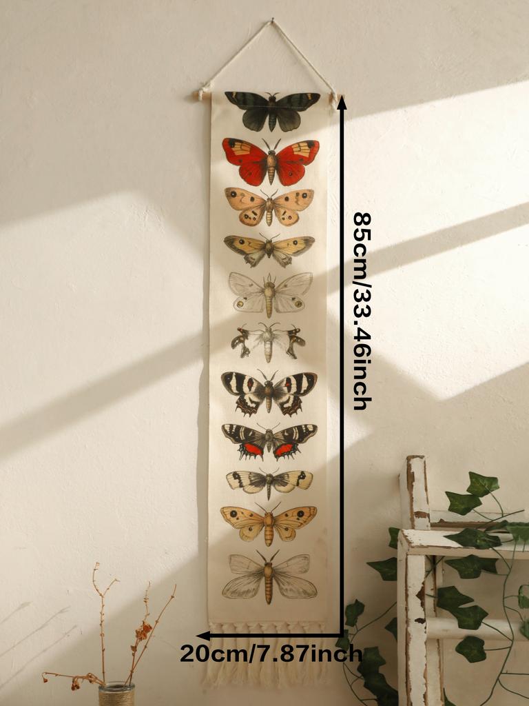 1pc Vintage Boho Butterfly Moth Wall Art Tapestry, Cotton Banner with Tassels – Rustic Nature Home Decor for Living Room Bedroom