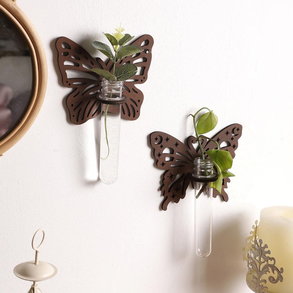 2pcs Wood Plant Terrarium for Hydroponics Plant Propagation Station Butterfly Wall Hanging Home Office Decor Test Tube Propagate Plant Cutting Holder