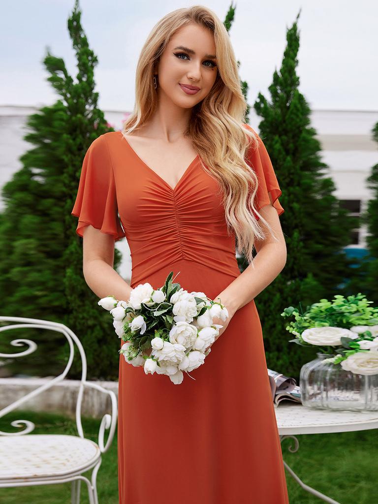 Ever-Pretty Damen A-Linien V-Ausschnitt Chiffon Plissee Brautjungfernkleid mit Rüschen Kurzärmeln