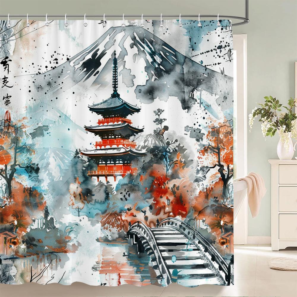 Japanese Style Flowers Bird Shower Curtain Abstract Mountain Red Floral Plant Ink Art Landscape Fabric Decor Bathroom Curtains