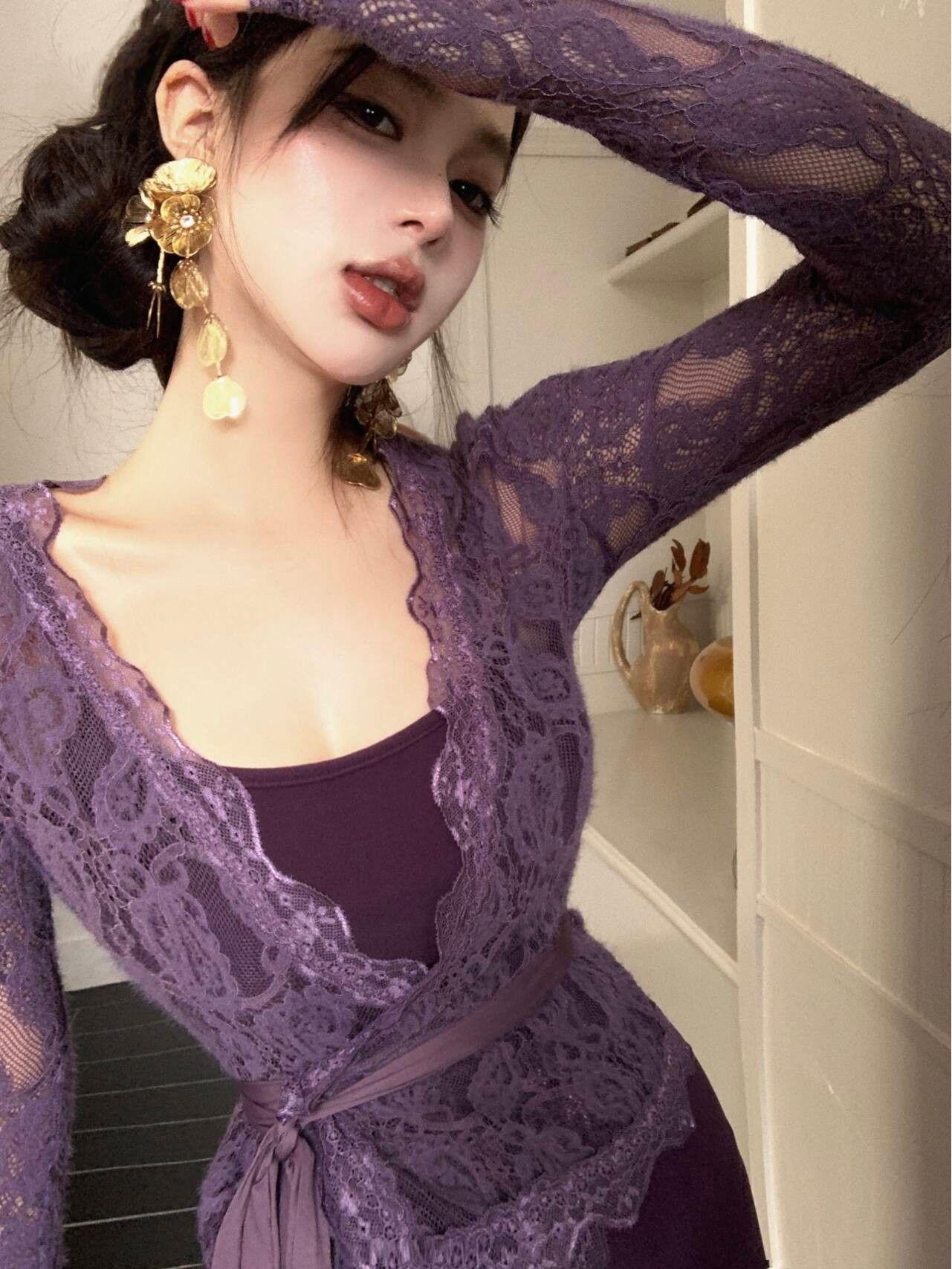 

Purple Lace Cardigan & Fishtail Camisole Dress Set - Women s Sexy Autumn Fashion Two-Piece Small