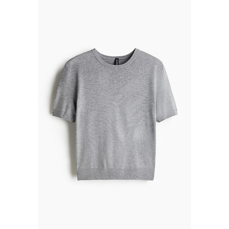 

HM Women s Woolen Sweater 2025 Autumn New round Neck Silm Short Sleeve Knitting T-shirt Tops 1268203 Mixed Gray 170/104