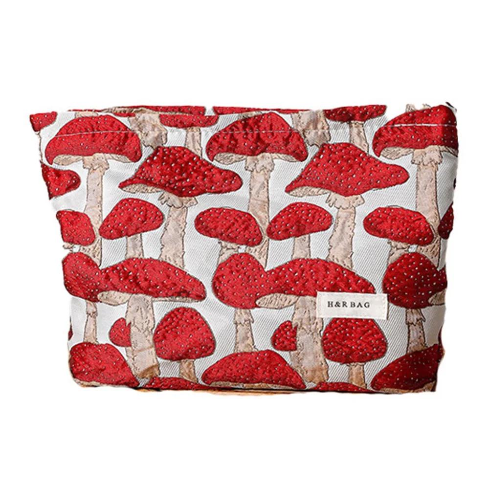 Vintage Canvas Make-up Tasche Roter Pilz Druck M/L Größe Aufbewahrungstasche Waschbar Tragbar Handtasche Hautpflegeprodukte Aufbewahrung