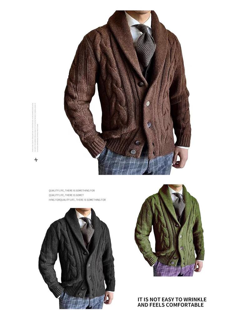 Pánský svetr s klopou a dlouhým rukávem, pletený copánkovým vzorem, jako kabátek - Podzimní/Zimní kolekce 2025