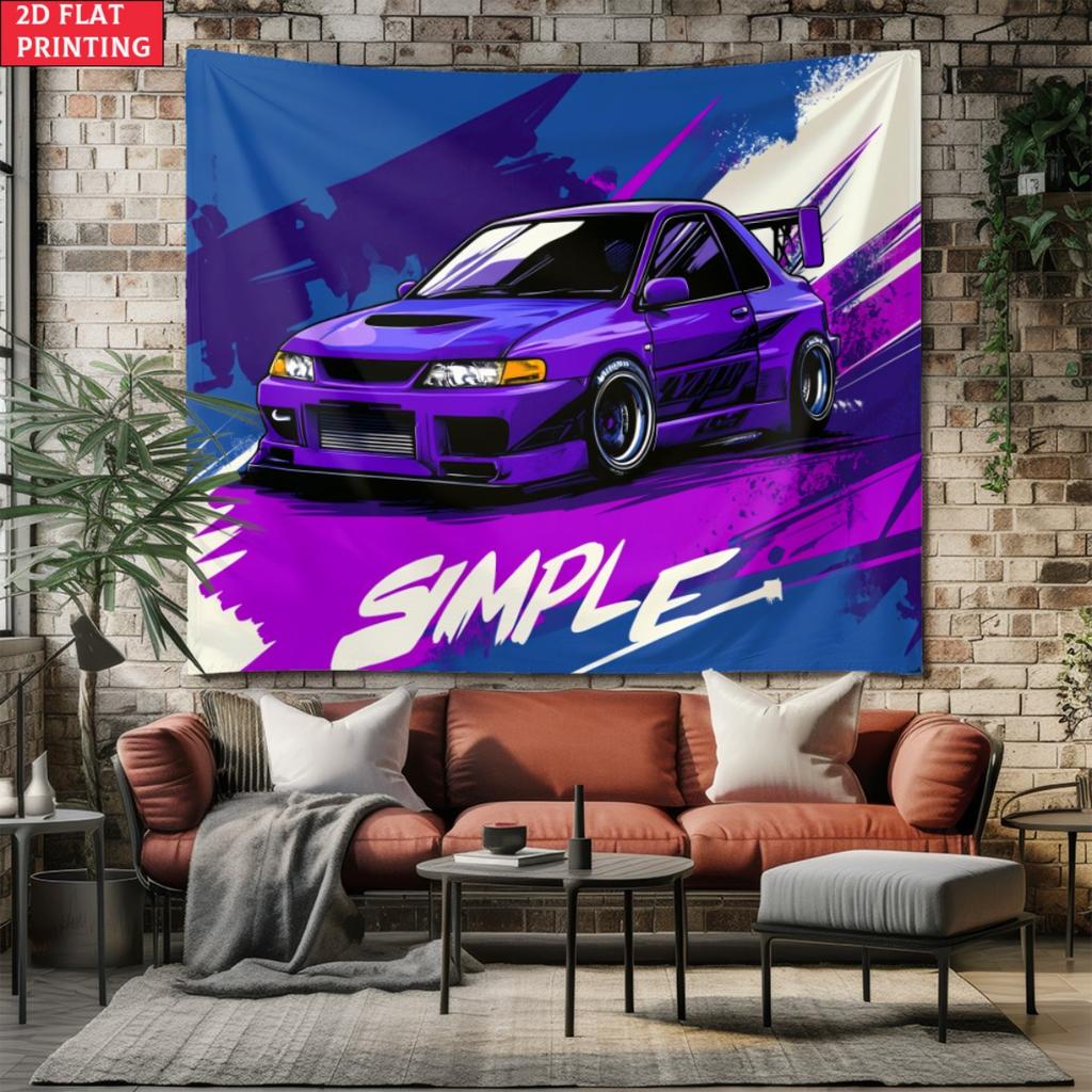 Vibrant Purple JDM Sports Car Tapestry Modified Drift Car with SIMPLE Quote Wall Hanging Car Lover Room Decor