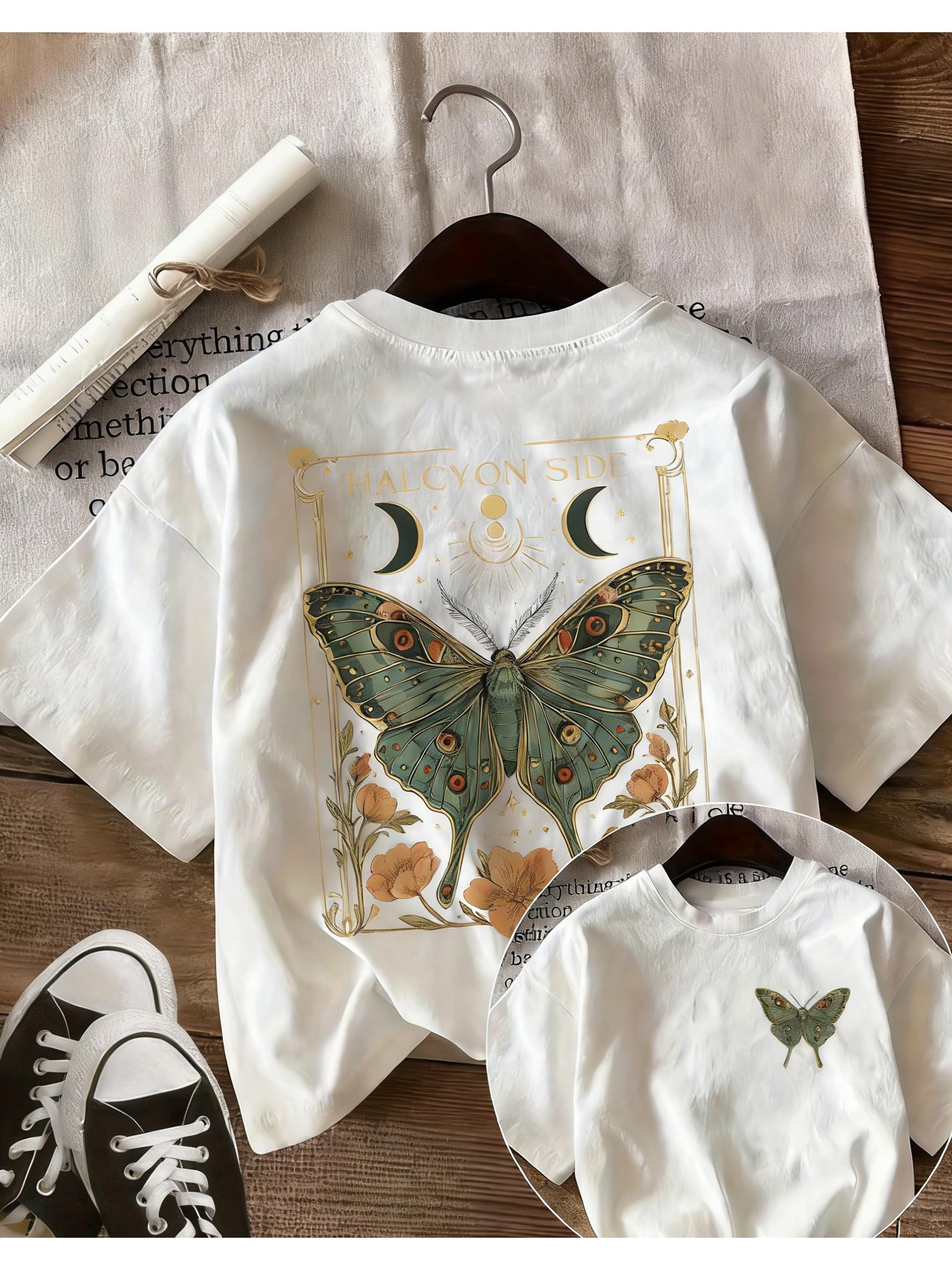 Vintage Moth Print T-Shirt - Short Sleeve Round Neck Casual Top with Front & Back Moth Suitable for Daily Wear L