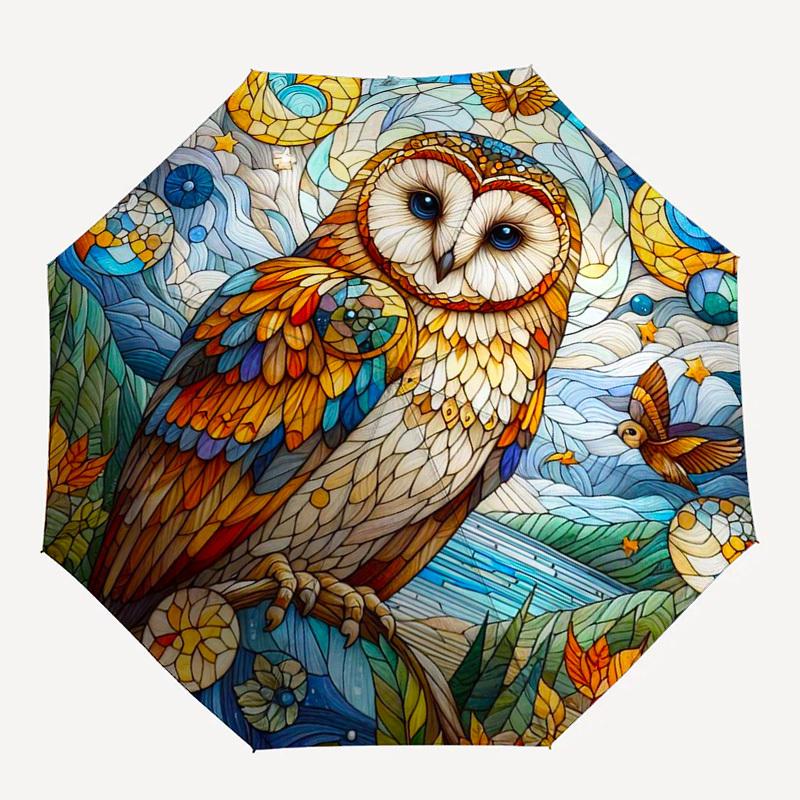 1pc Stained Glass Owl Design Automatic Folding Umbrella - Portable Tri-Fold Design with 8-Bone Iron Frame, Perfect for Outdoor Use, Festive Gifts, Fan